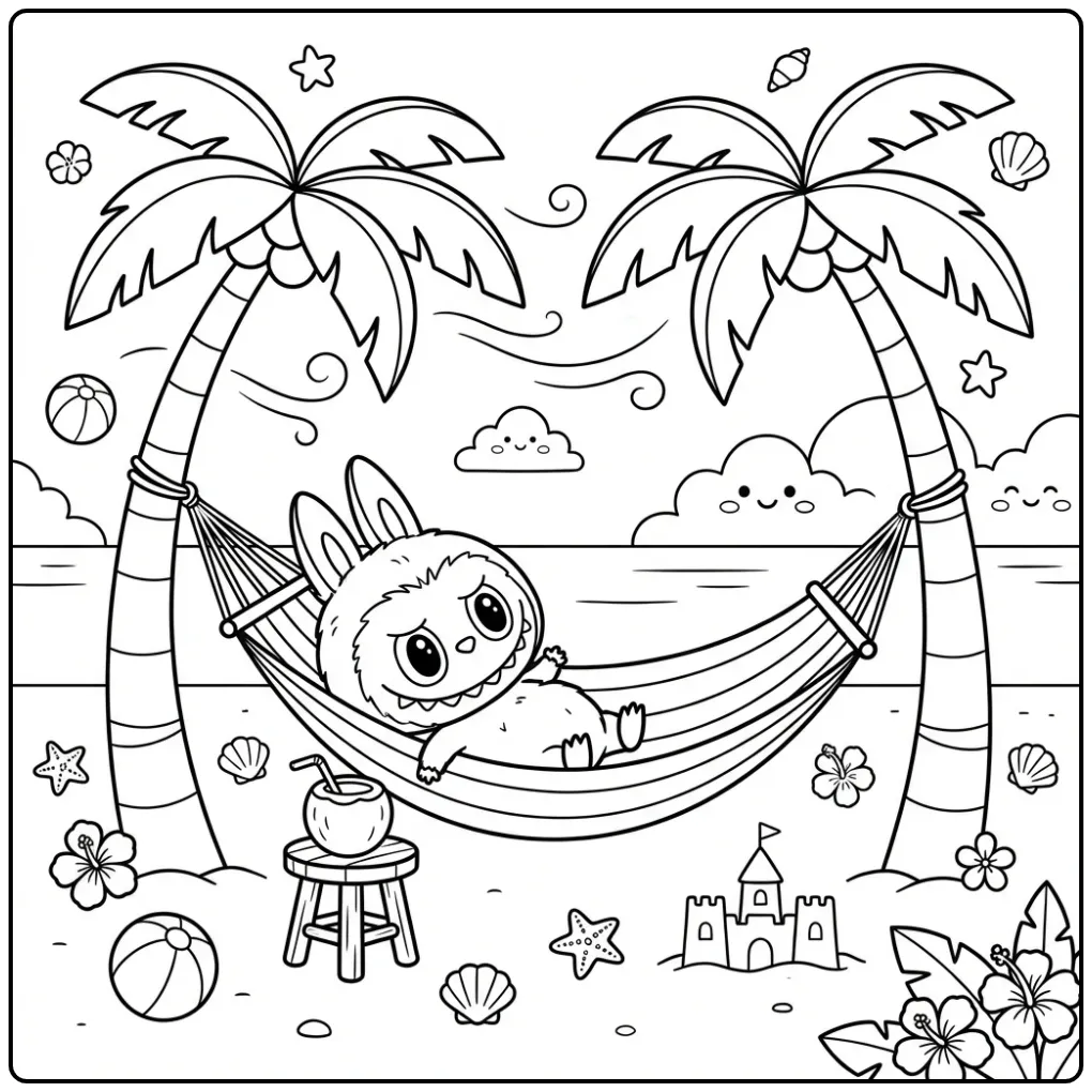 Relaxing Labubu Summer in a Hammock coloring page