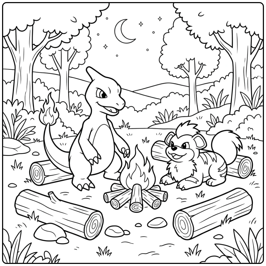 Relaxing Pokemon Charmeleon and Friend with Campfire coloring page