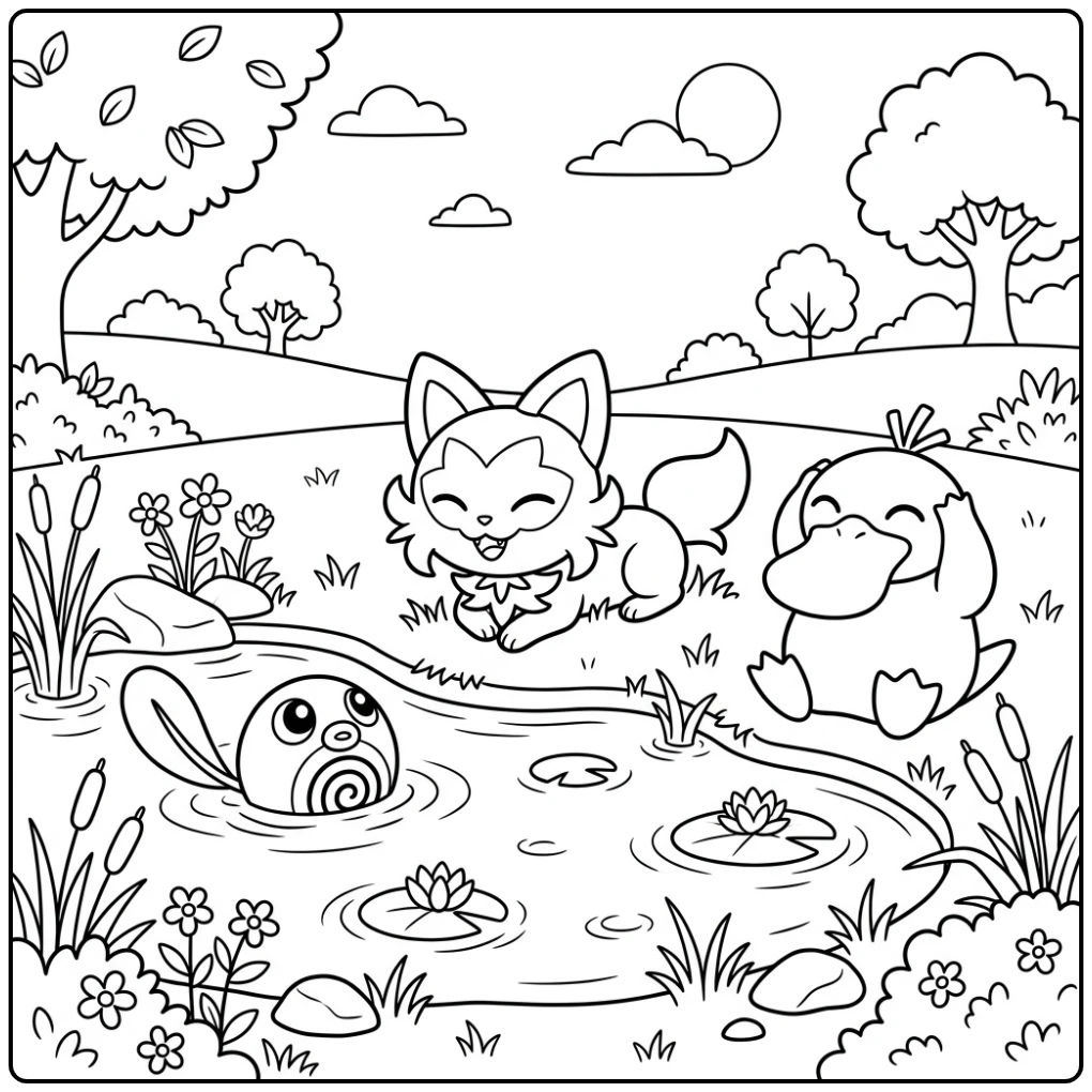 Relaxing Pokemon Sprigatito Psyduck and Poliwag coloring page