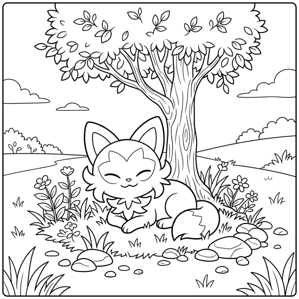 Relaxing Pokemon Sprigatito Scene in the Nature coloring page