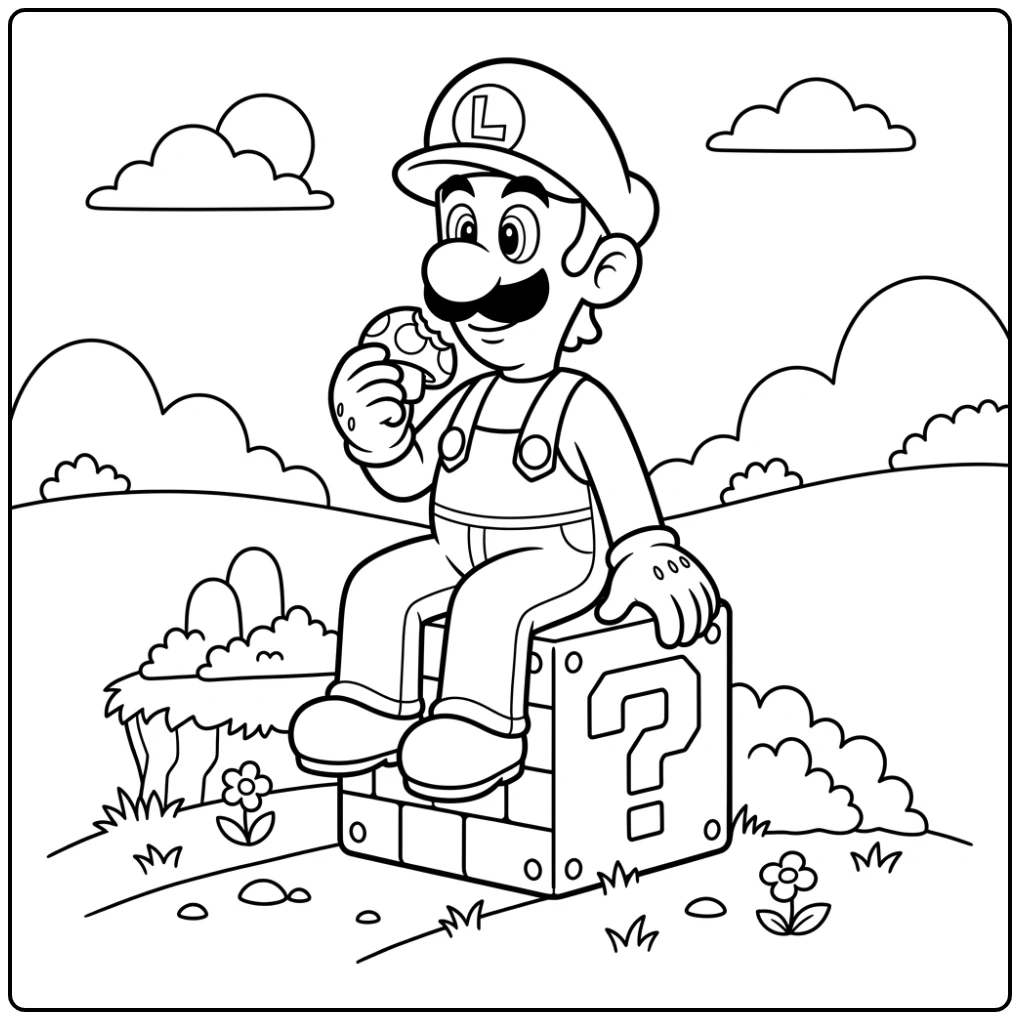 Luigi coloring page with a platform adventure