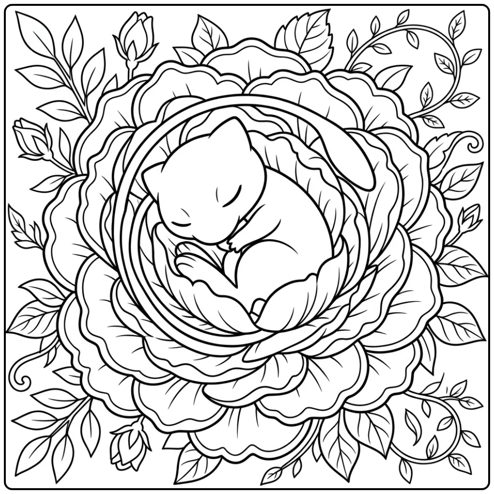 Relaxing Mew with Magical Petals coloring page
