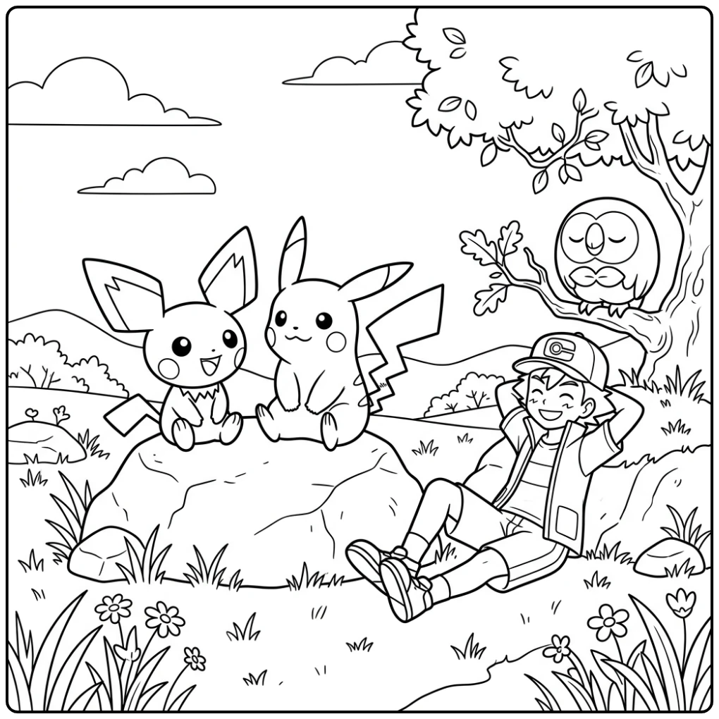 Relaxing Nature Pichu with Pikachu and Rowlet coloring page