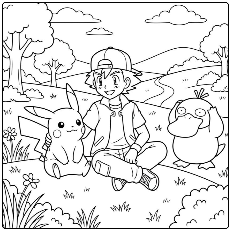 Relaxing Pikachu Outside with Ash and Psyduck coloring page