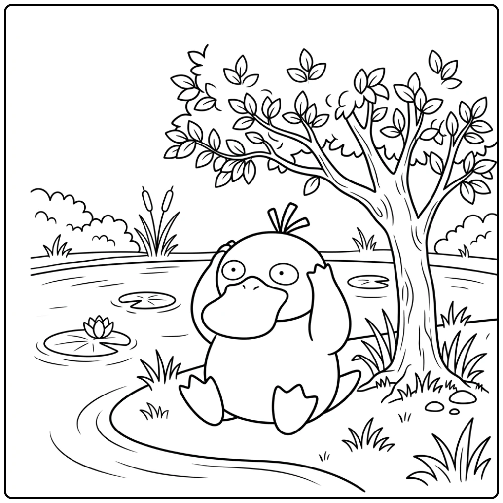 Relaxing Psyduck Sitting with the Pond coloring page