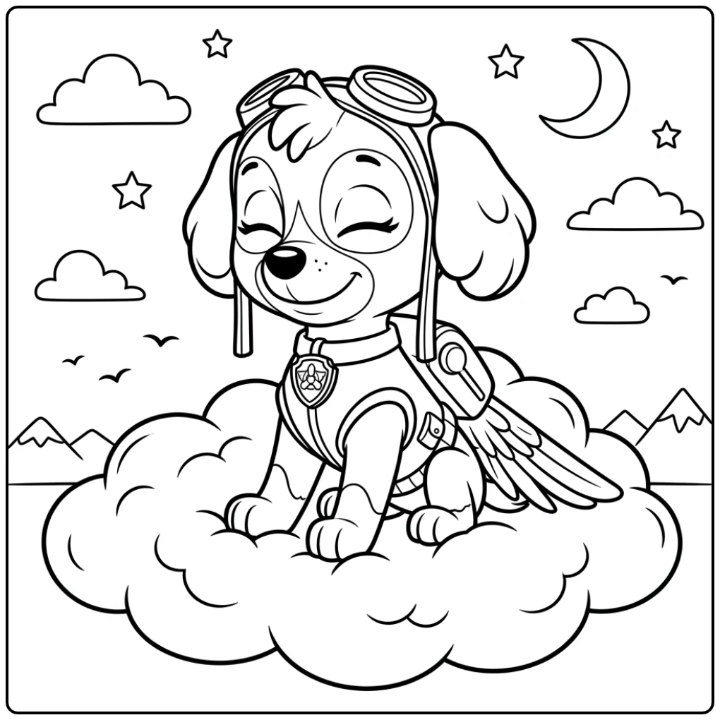 Relaxing Skye Paw Patrol on a Soft Cloud coloring page