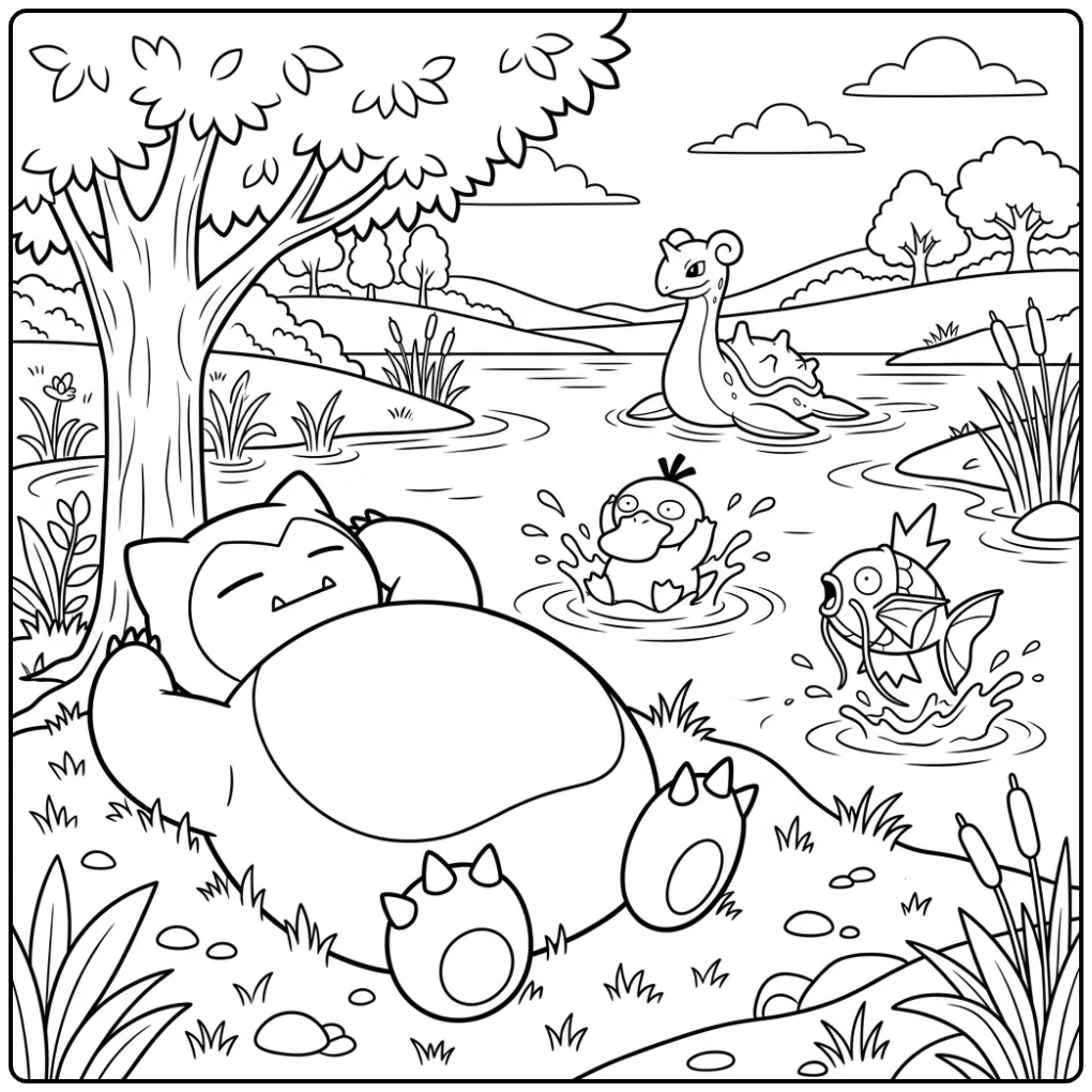 Relaxing Snorlax at the Lake with Pokemon Friends coloring page