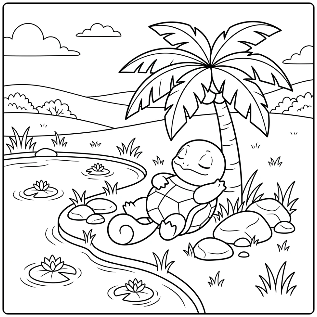 Relaxing Squirtle by the Pond coloring page