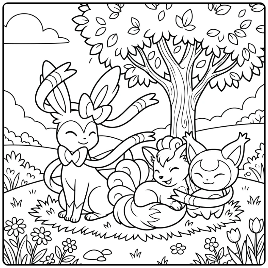 Relaxing Sylveon Friends in the Nature coloring page