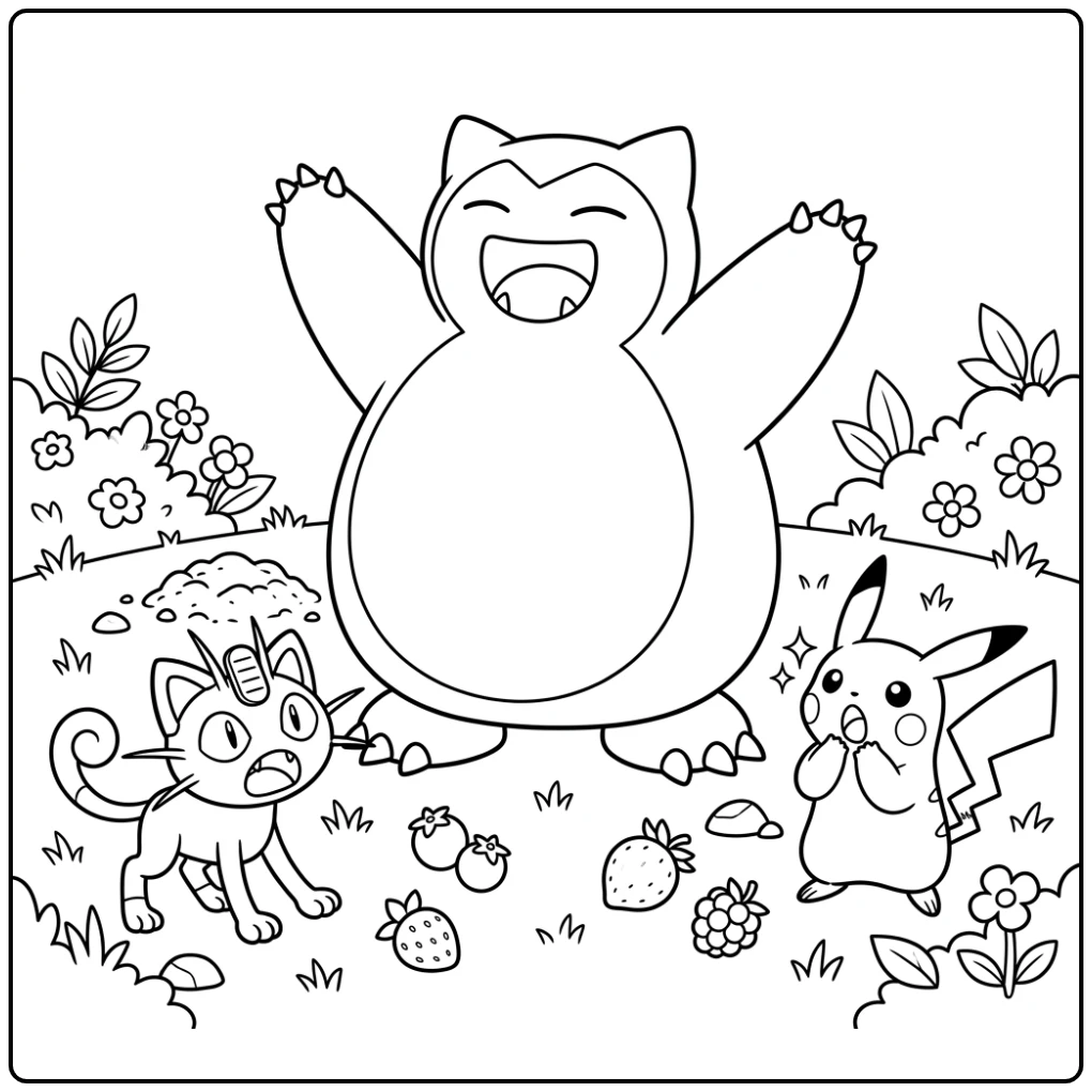Waking Snorlax Stretching and Surprised Friends coloring page