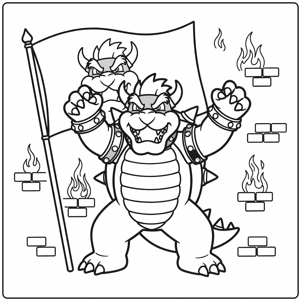 Victorious Bowser with a Castle and Flames coloring page