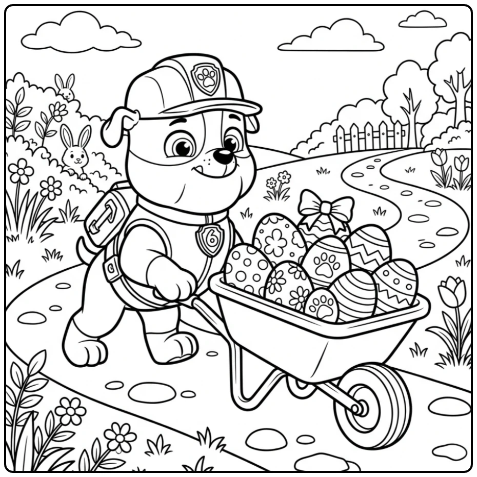 Adventure Rubble's Paw Patrol Easter with Wheelbarrow coloring page