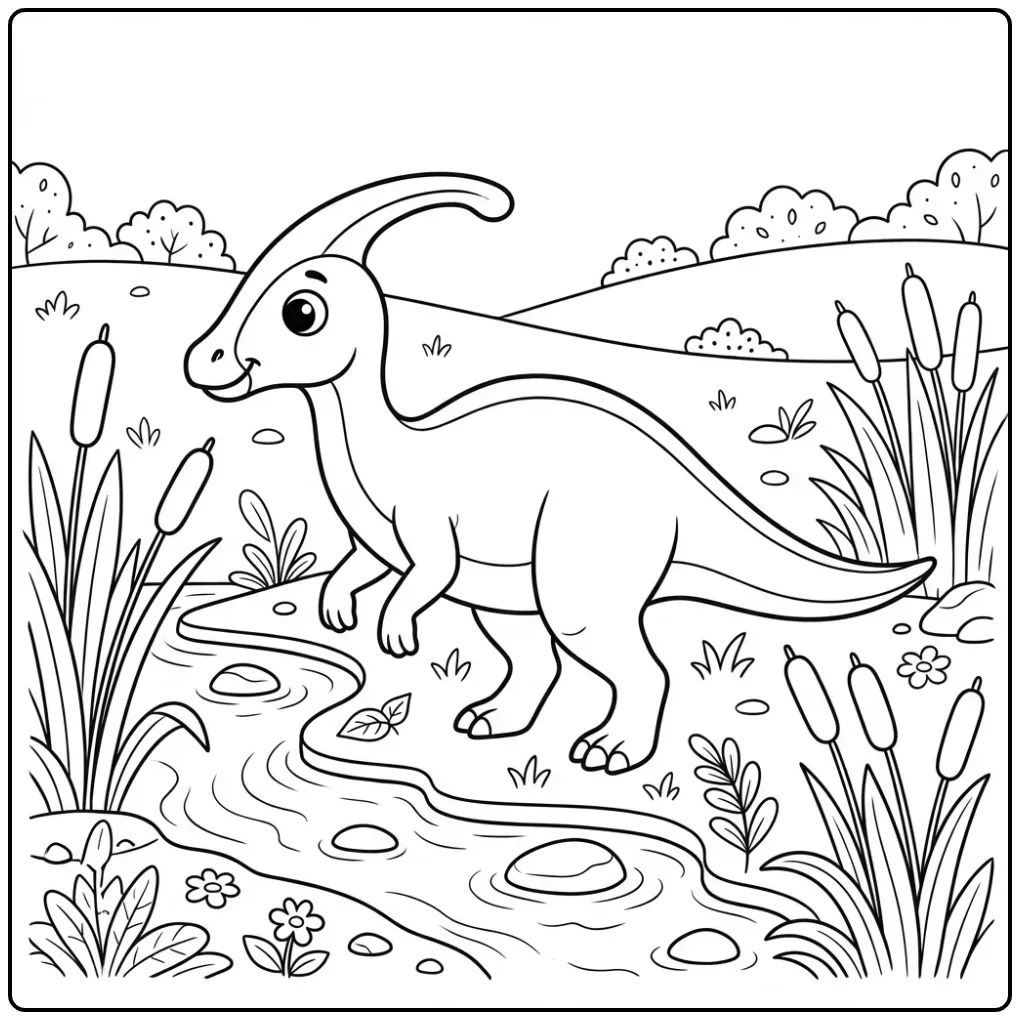 Parasaurolophus Walking with Small Stream as Dinosaur coloring page