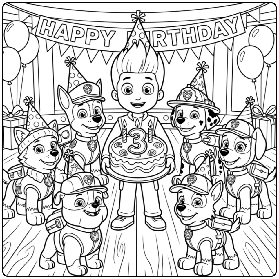Paw Patrol 3rd Birthday Celebration coloring page