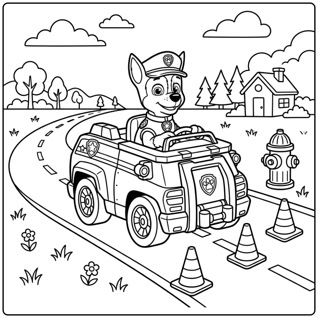Paw Patrol Vehicle Chase's Rescue Mission on the Road coloring page