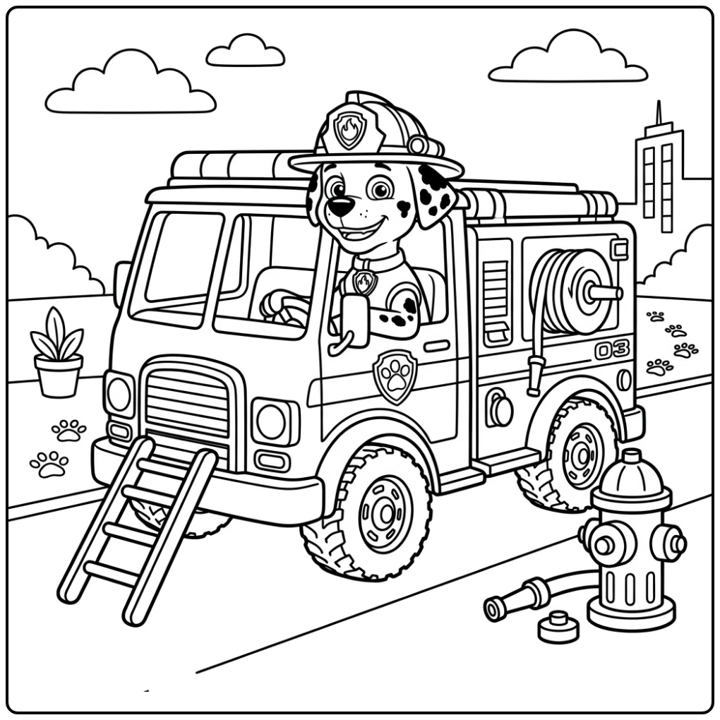 Paw Patrol Vehicle Marshall in His Brandweerwagen coloring page