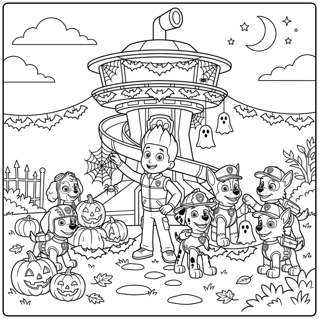 Paw Patrol Halloween coloring page with costumed pups