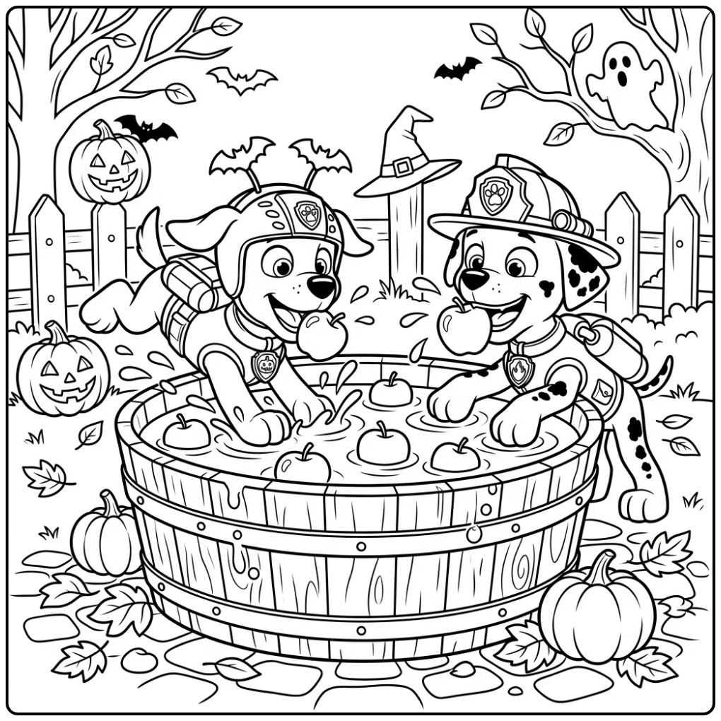 Paw Patrol Halloween Zuma and Marshall Bobbing for Apples coloring page
