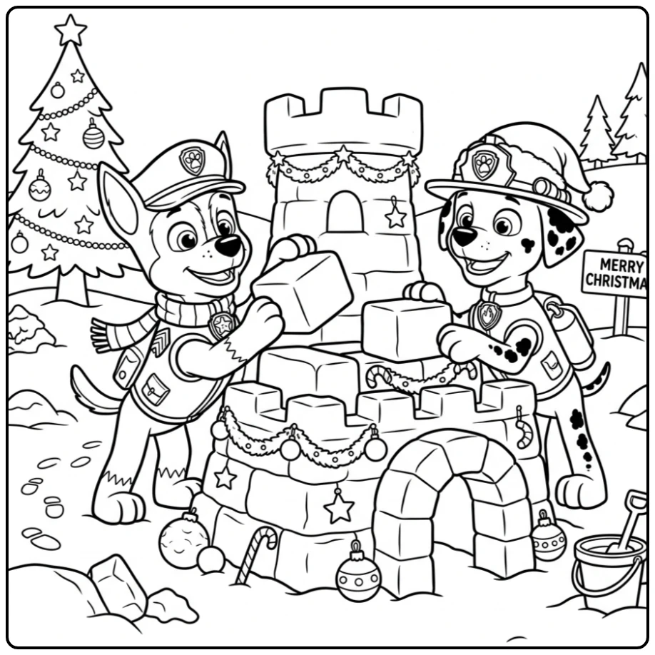 Paw Patrol Christmas Chase and Marshall Building Fort coloring page