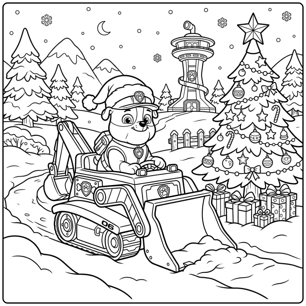 Paw Patrol Christmas Rubble Clearing Snow Around a Holiday Tree coloring page