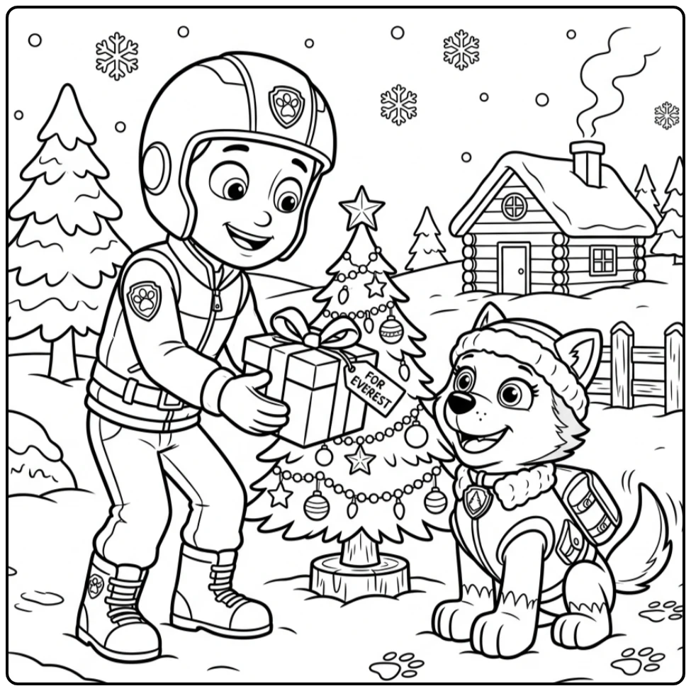 Paw Patrol Christmas Ryder Surprised Everest with a Gift coloring page