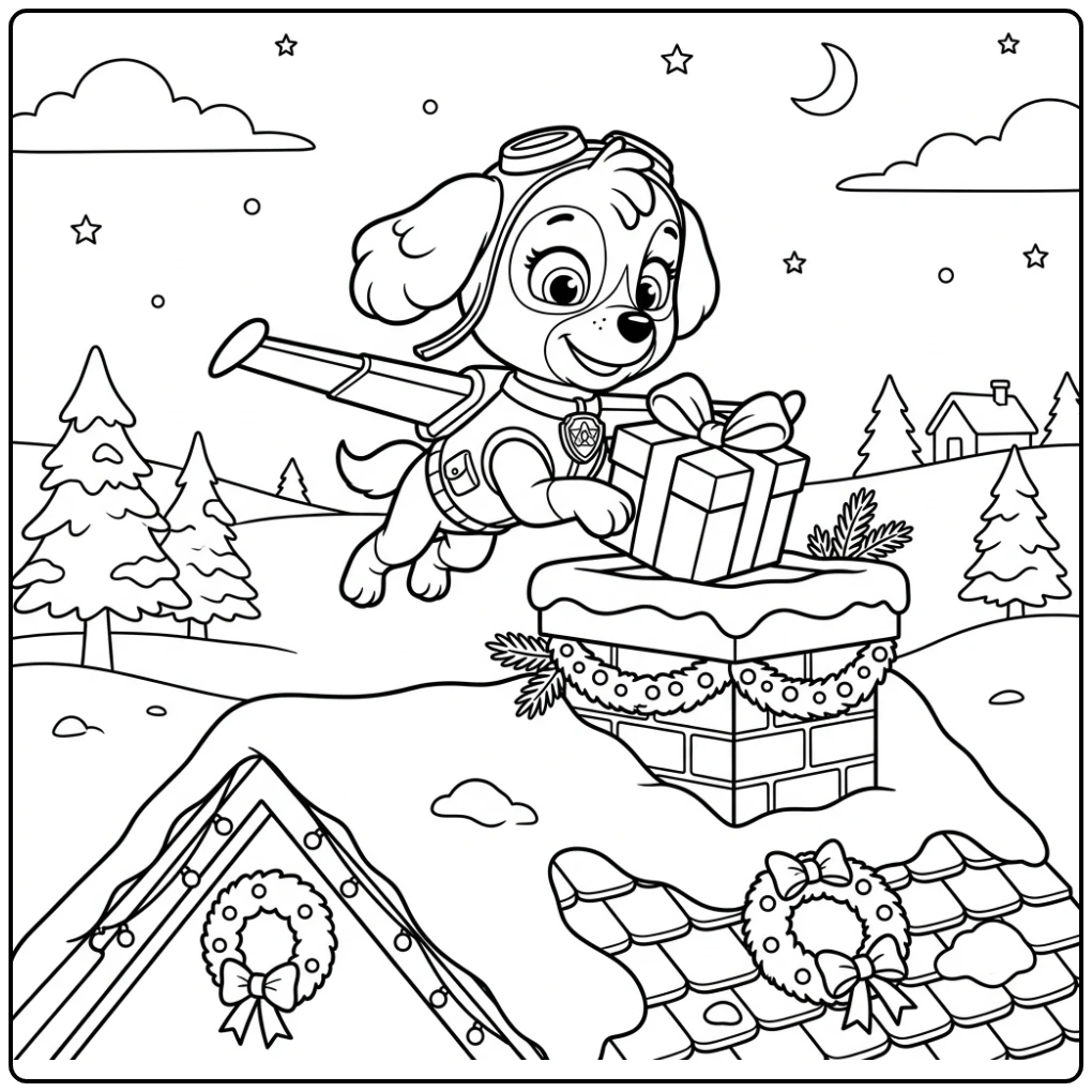 Paw Patrol Christmas Skye Delivering Festive a Gift coloring page
