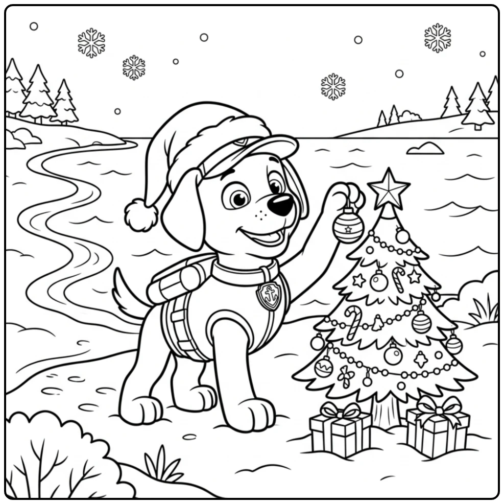 Paw Patrol Zuma Decorating Christmas Tree at Sea coloring page