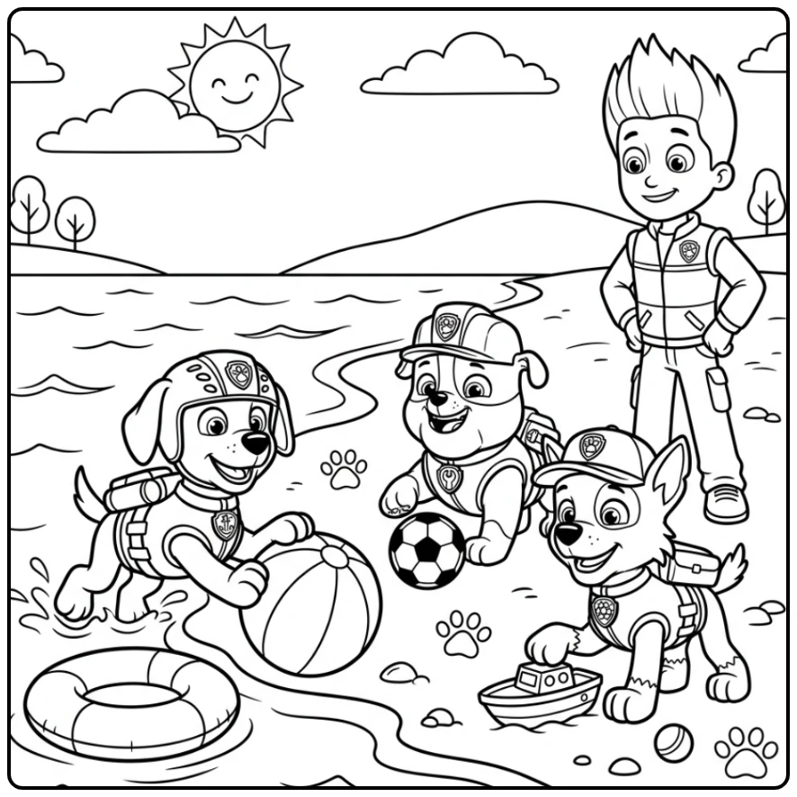 Easy Paw Patrol Rubble Zuma Rocky Playing with Ryder coloring page