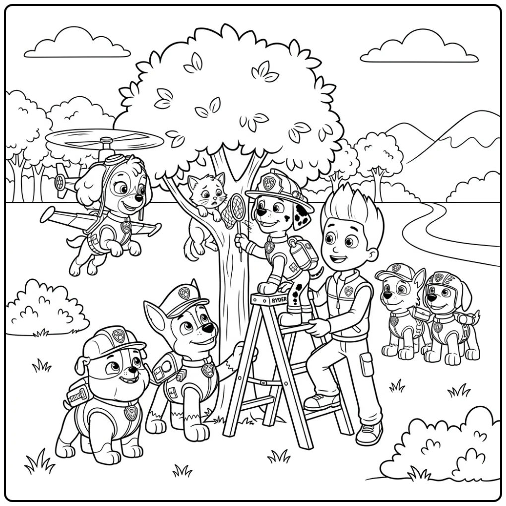 Paw Patrol Ryder Chase Skye Rescuing Kitten from Tree coloring page