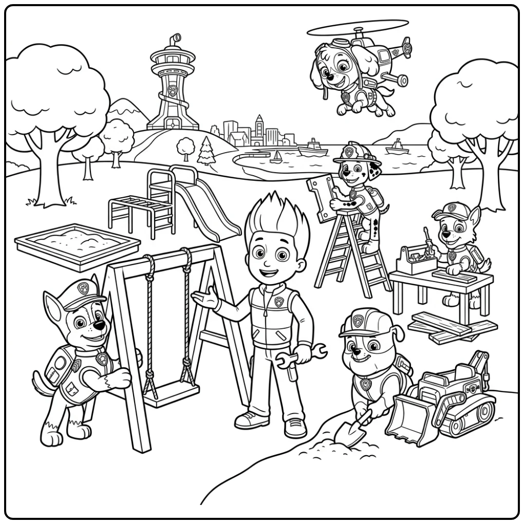 Paw Patrol Ryder and Team in Adventure Bay coloring page