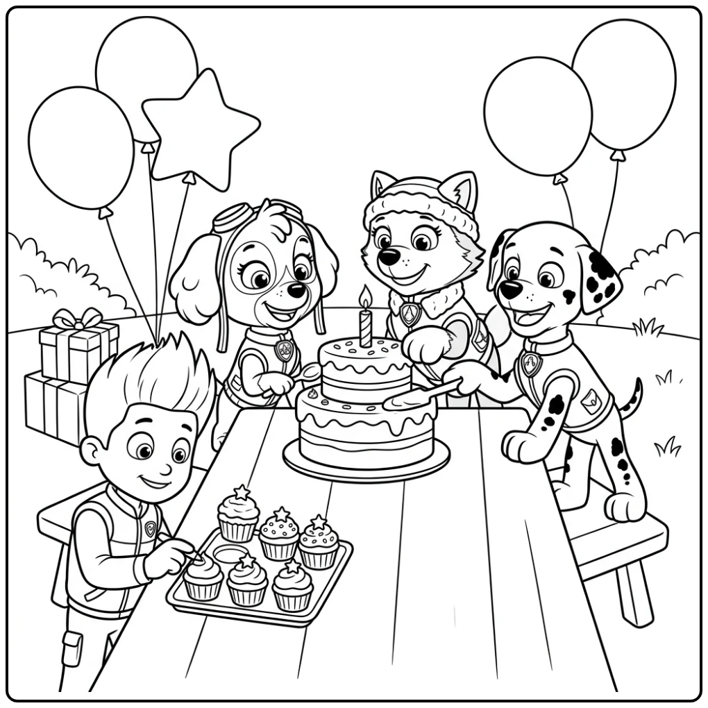 Paw Patrol Birthday Cake Baking with Skye Everest and Ryder coloring page