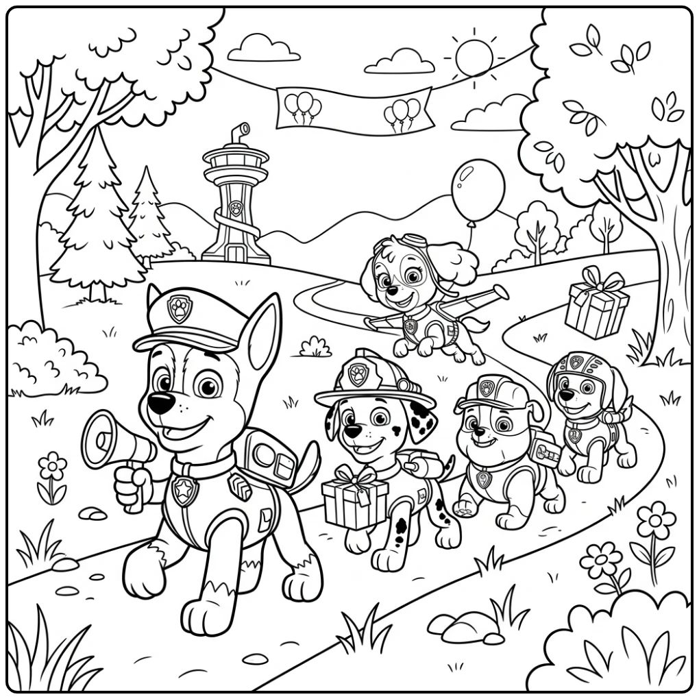 Paw Patrol Birthday Chase Leading a Gift Parade coloring page