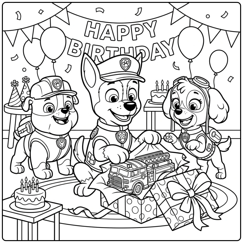 Paw Patrol Birthday Chase Skye and Rubble Party coloring page
