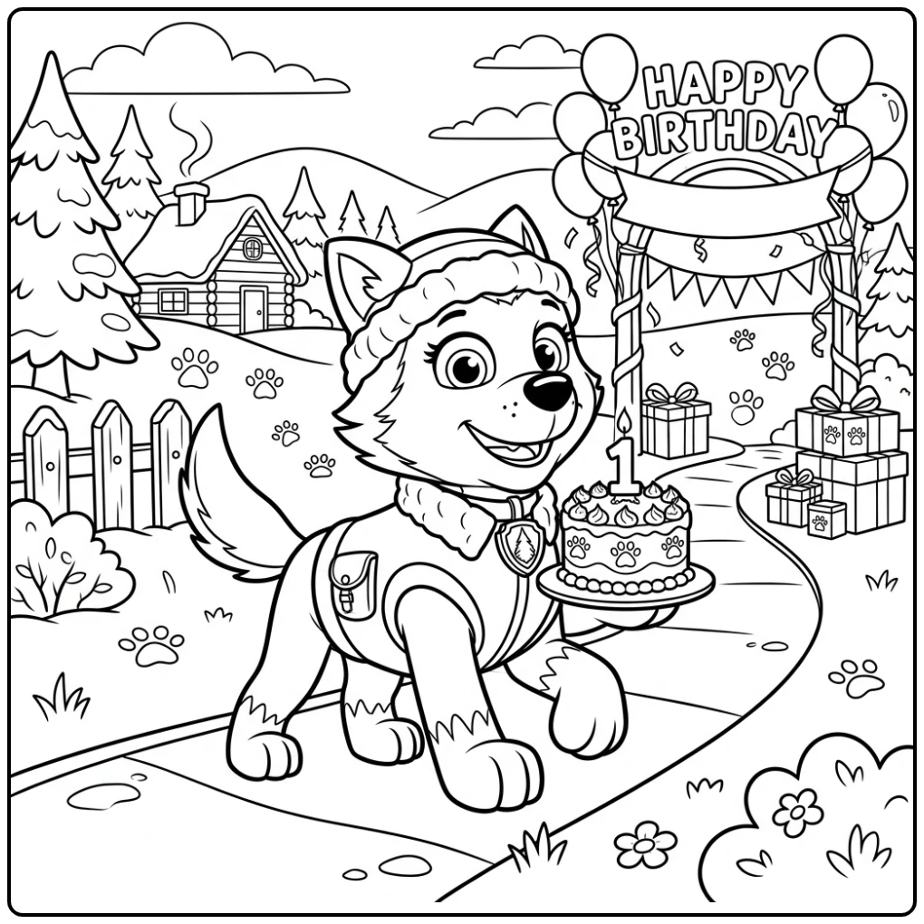 Paw Patrol Everest Bringing a Birthday Cake coloring page