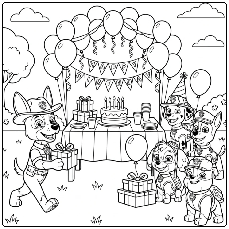 Paw Patrol Birthday Party with Tracker and Friends coloring page