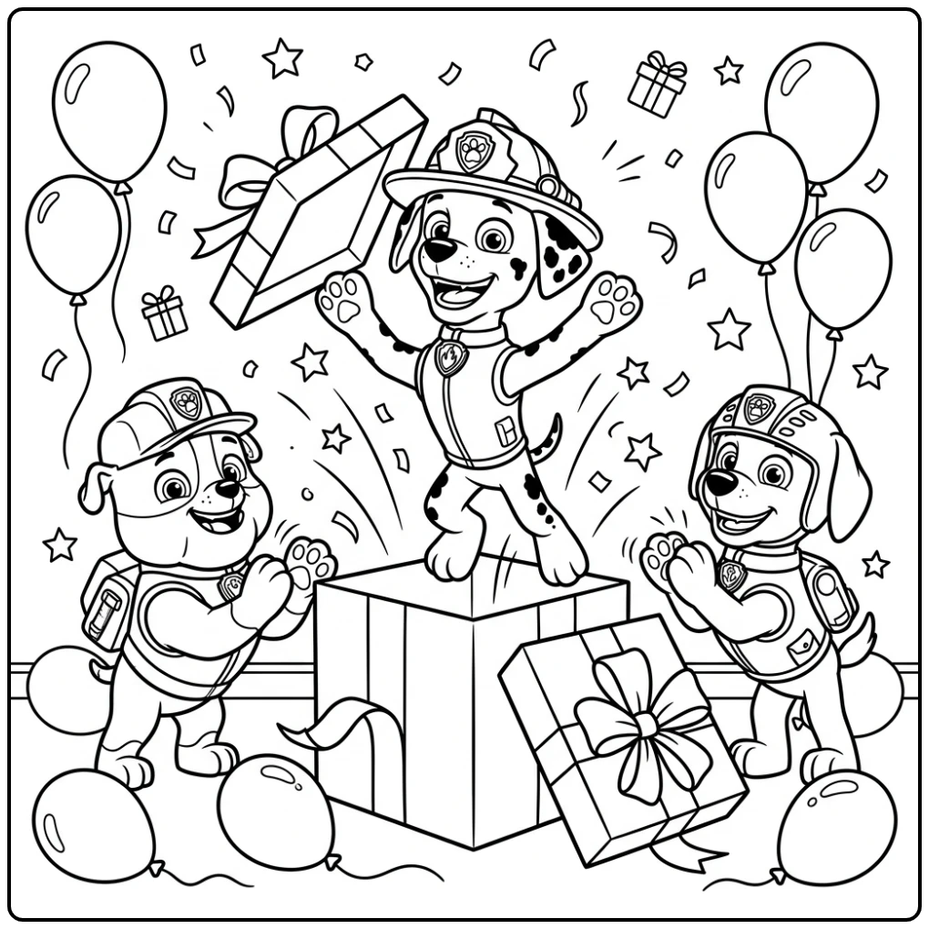 Paw Patrol Birthday Marshall Jumping from Gift coloring page