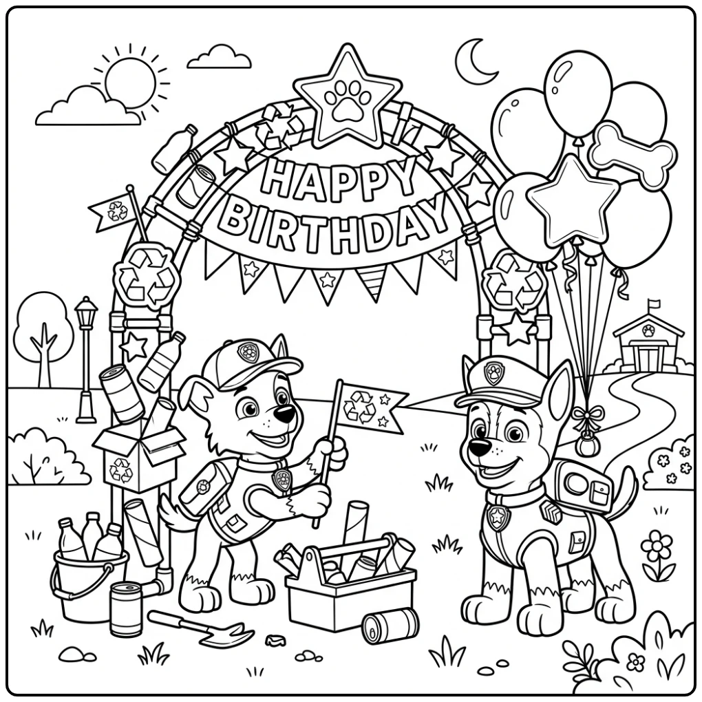 Paw Patrol Birthday Rocky Building Chase Holding Balloons coloring page