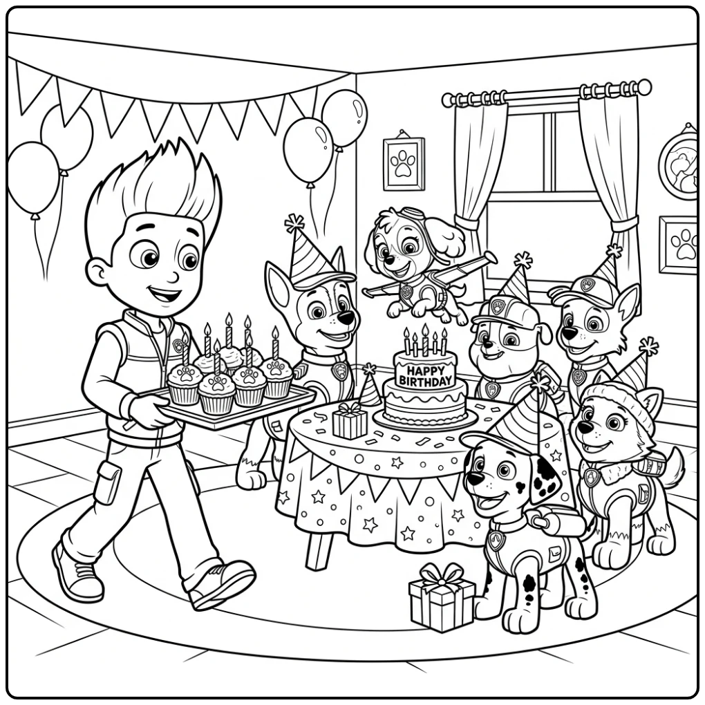 Paw Patrol Birthday Ryder Serving Cupcakes at Pups coloring page