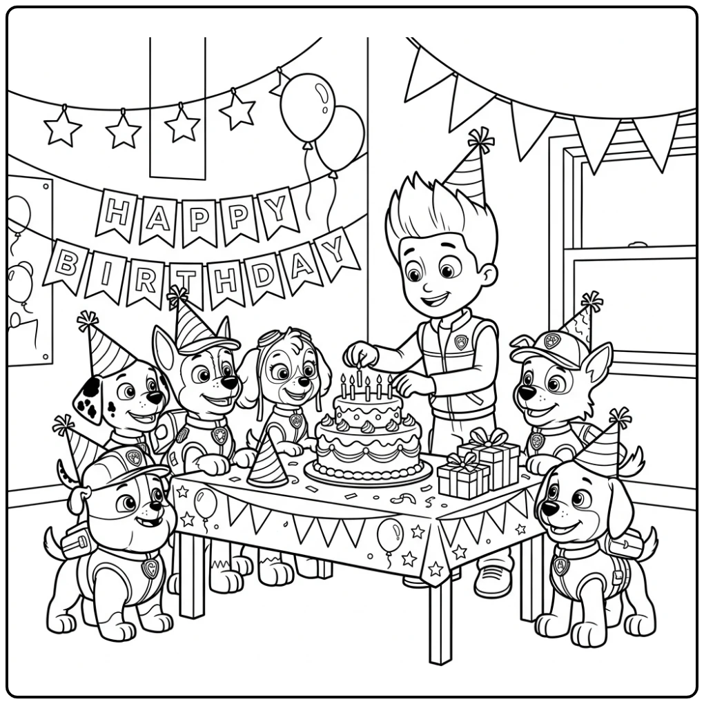 Paw Patrol birthday coloring page with balloons and cake