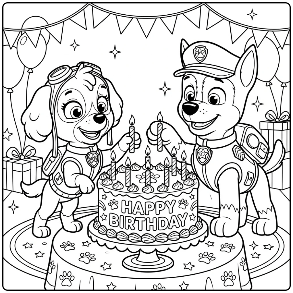 Paw Patrol Birthday Skye and Chase Decorating the Cake coloring page