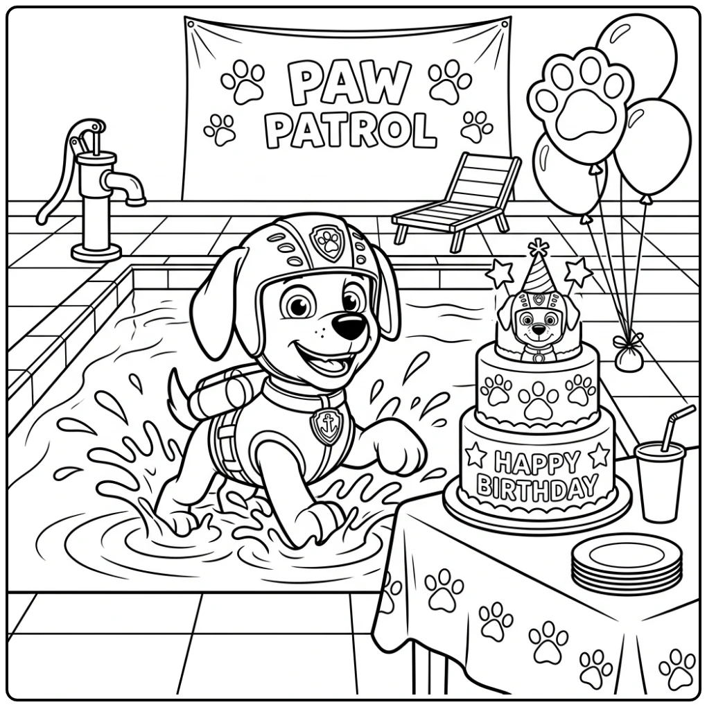 Paw Patrol Birthday Zuma's Party with the Swimming Pool coloring page