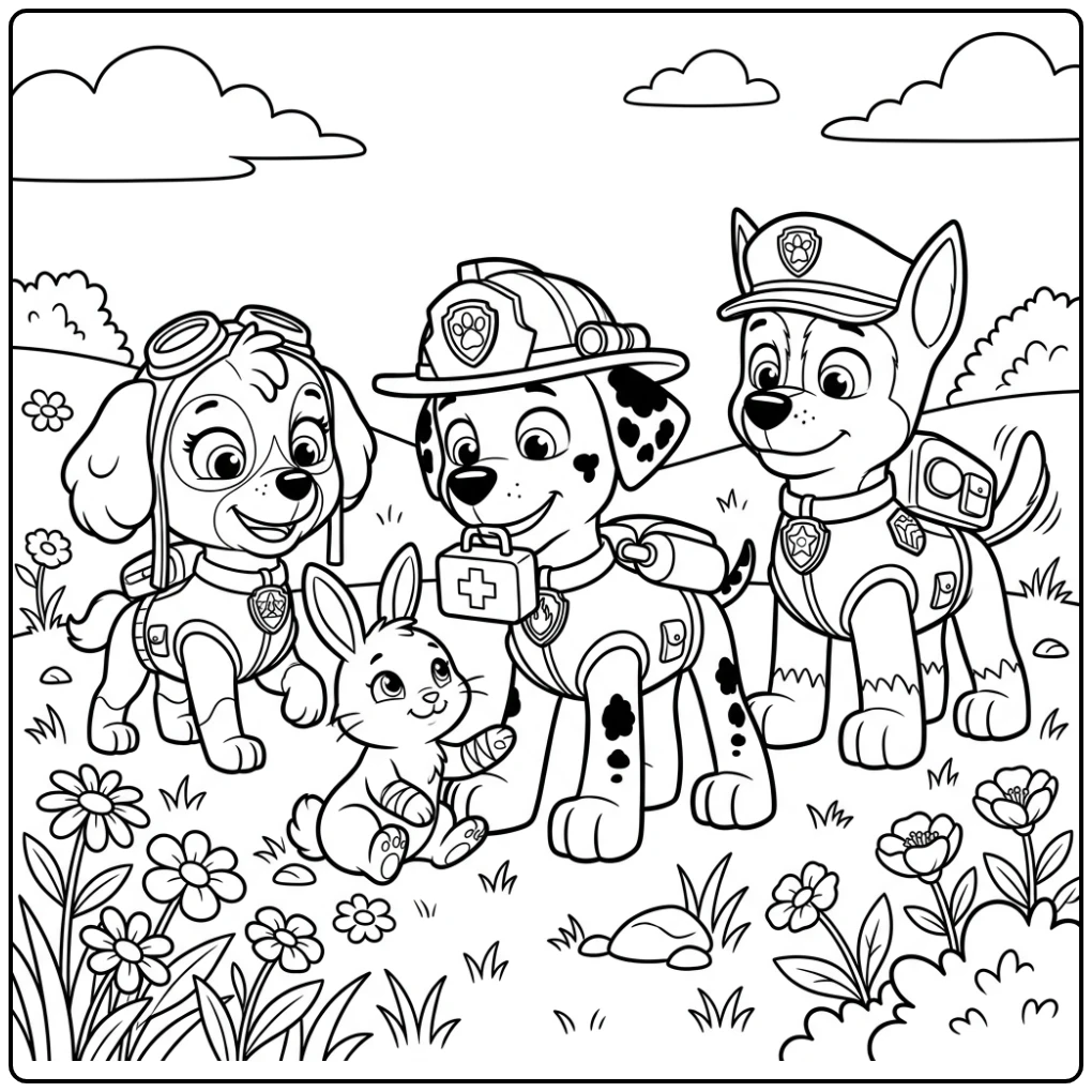 Paw Patrol Marshall's First Aid Helping for Rabbit coloring page