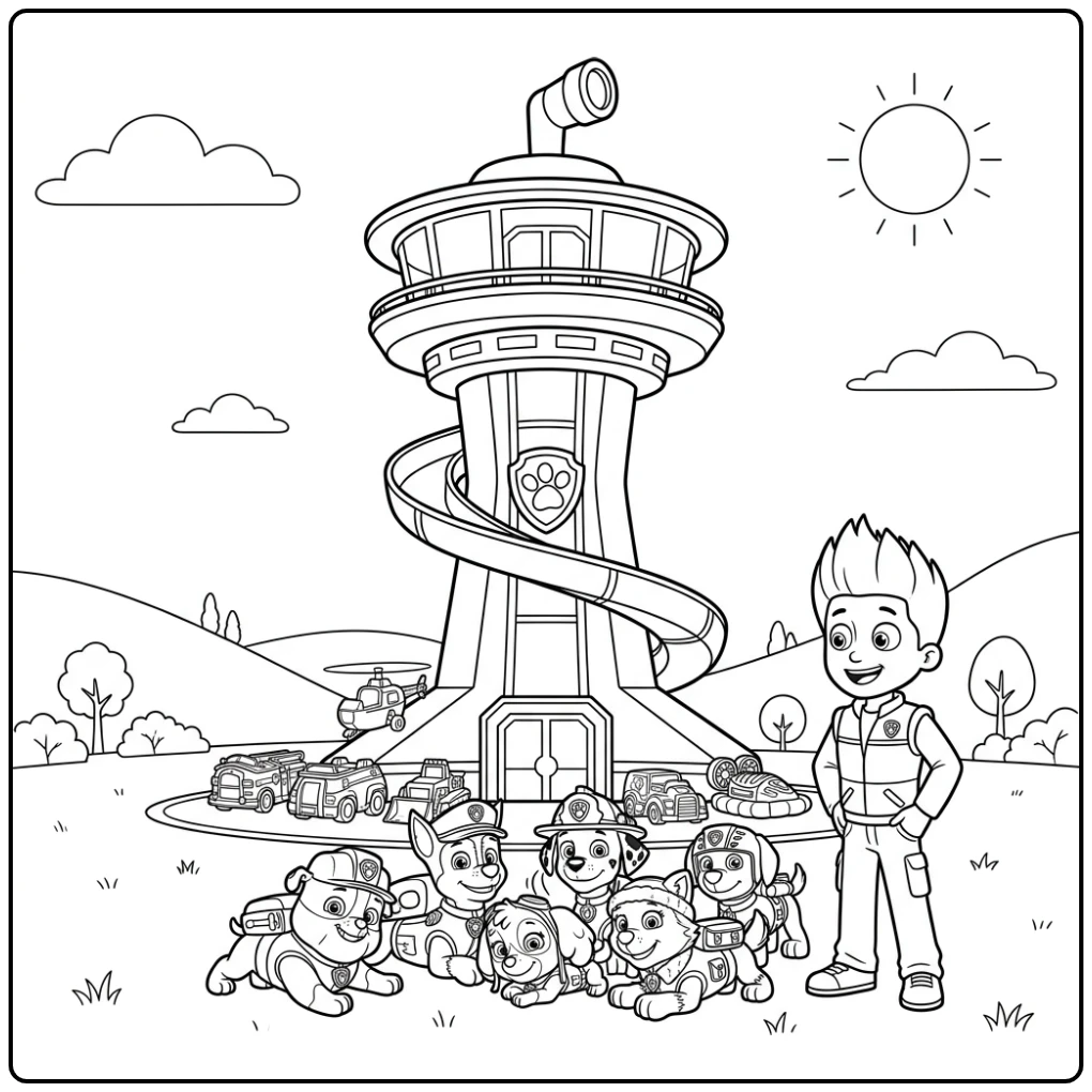 Paw Patrol Lookout Tower Pups Resting with Proud Ryder coloring page