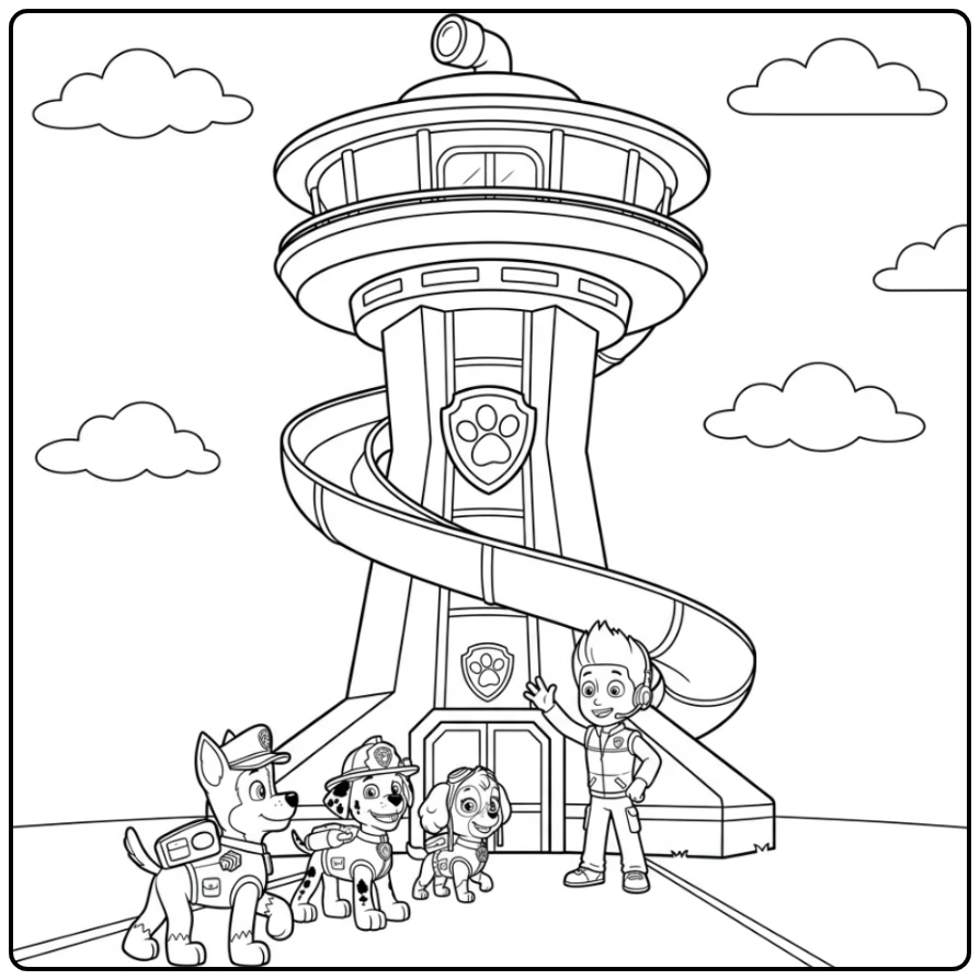 Paw Patrol Lookout Tower with Ryder Welcoming the Pups coloring page