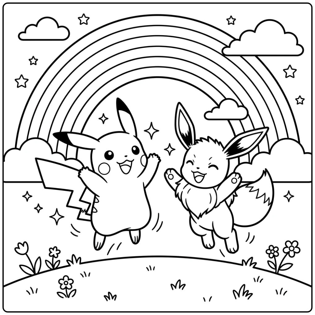 Pikachu and Eevee's Happy Adventure Pokemon Rainbow coloring page