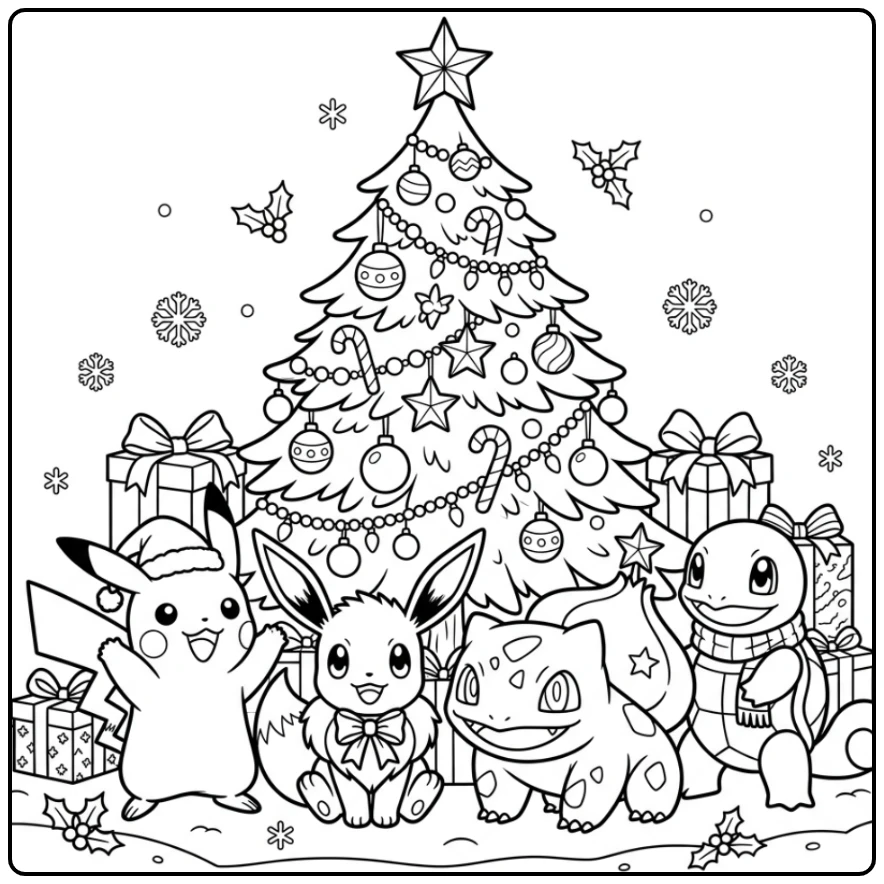 Cheerful Pokemon Christmas with Pikachu and Friends coloring page