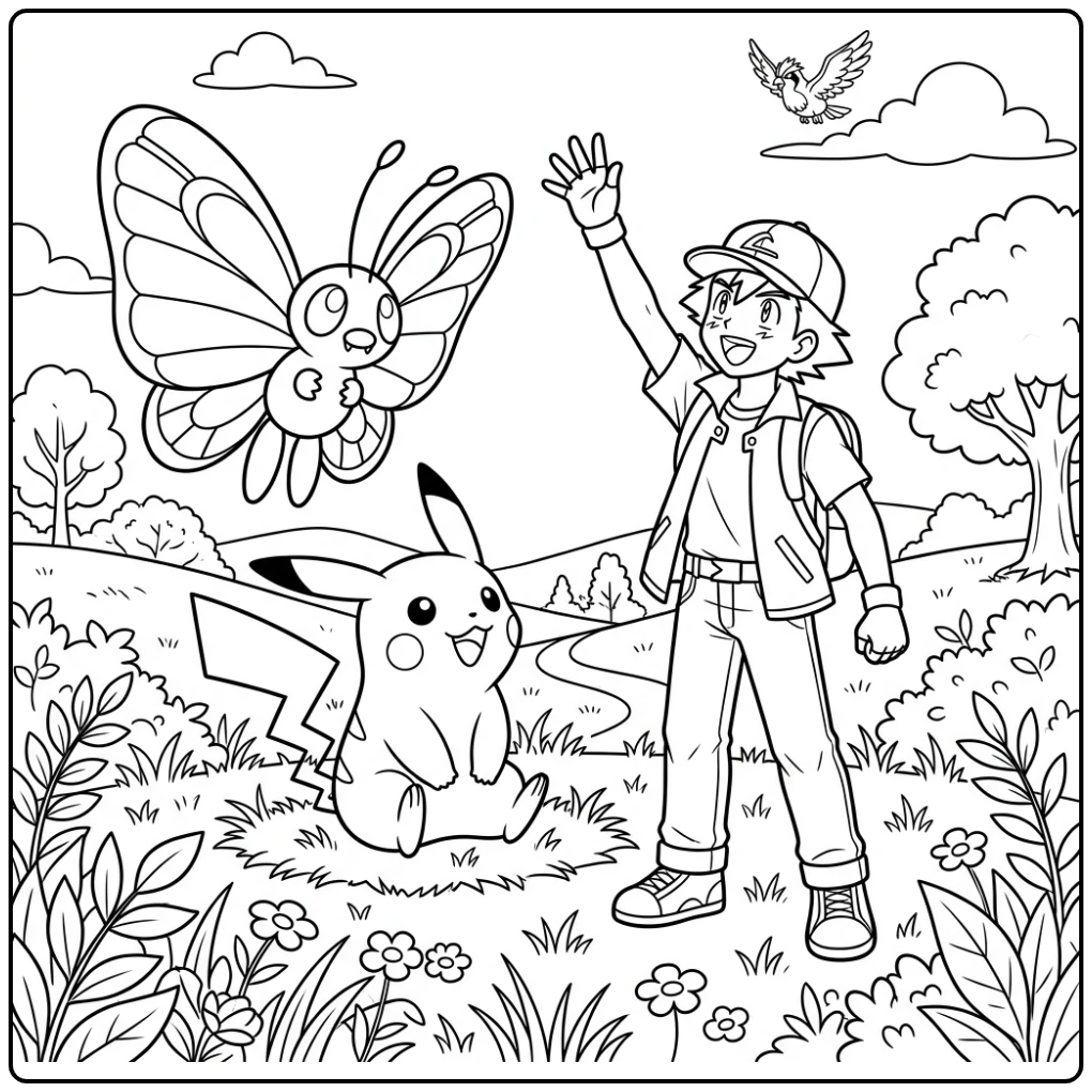 Pikachu Ash and Butterfree in the Nature coloring page