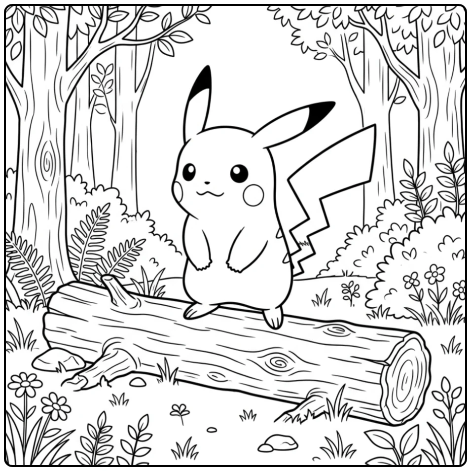 Pikachu Balancing on a Tree Trunk coloring page