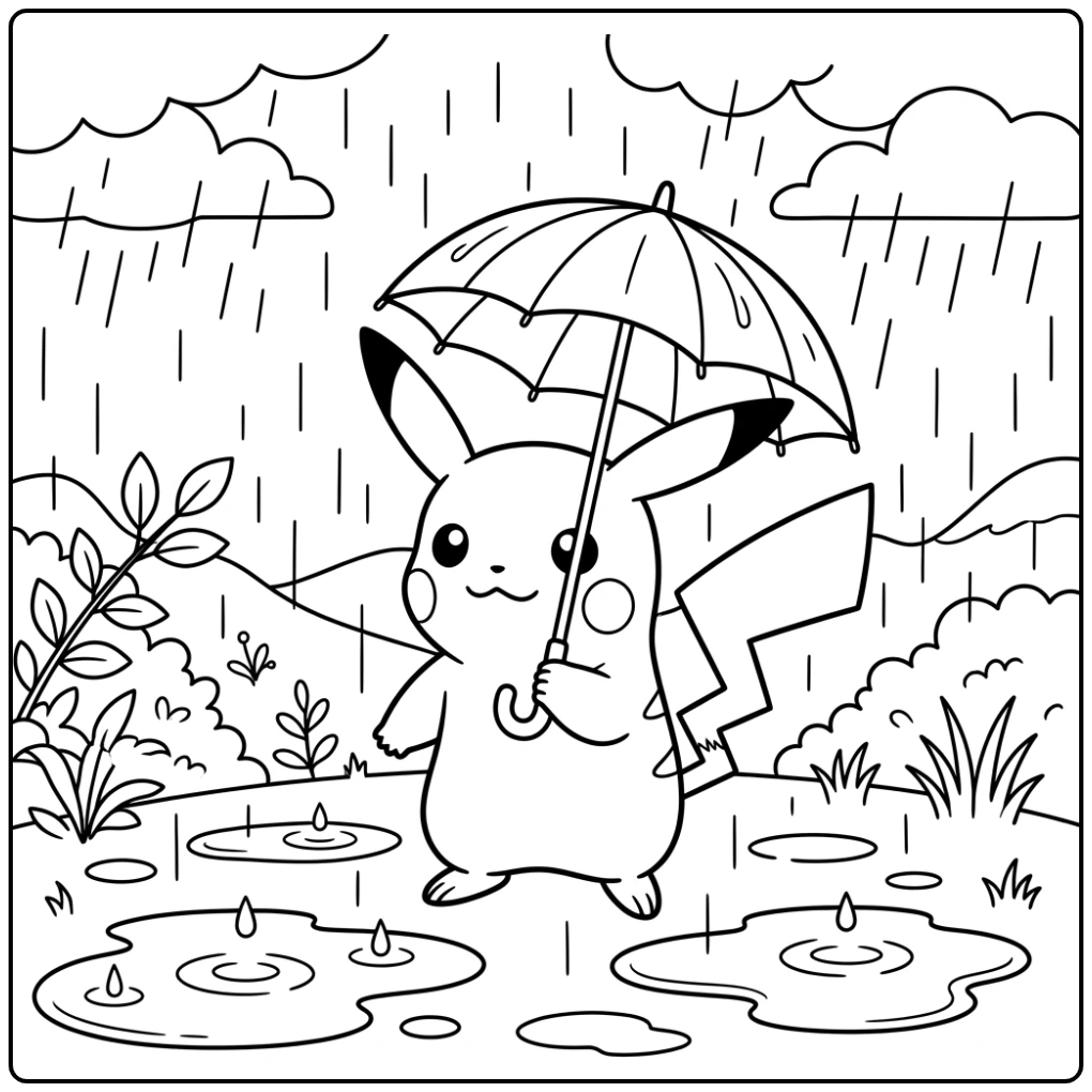Pikachu in the Rain with a Small Umbrella coloring page
