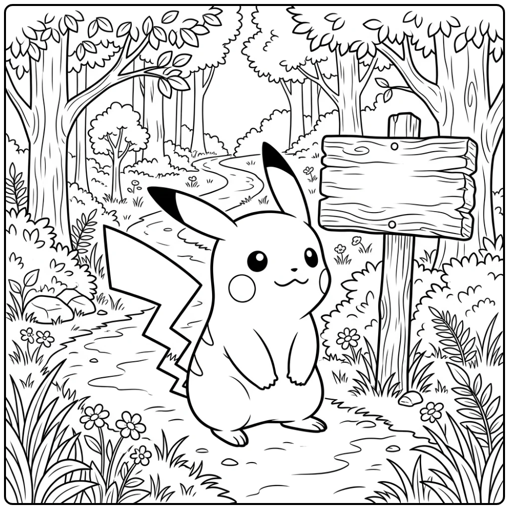 Pikachu Wooden Signpost on a Forest Path coloring page
